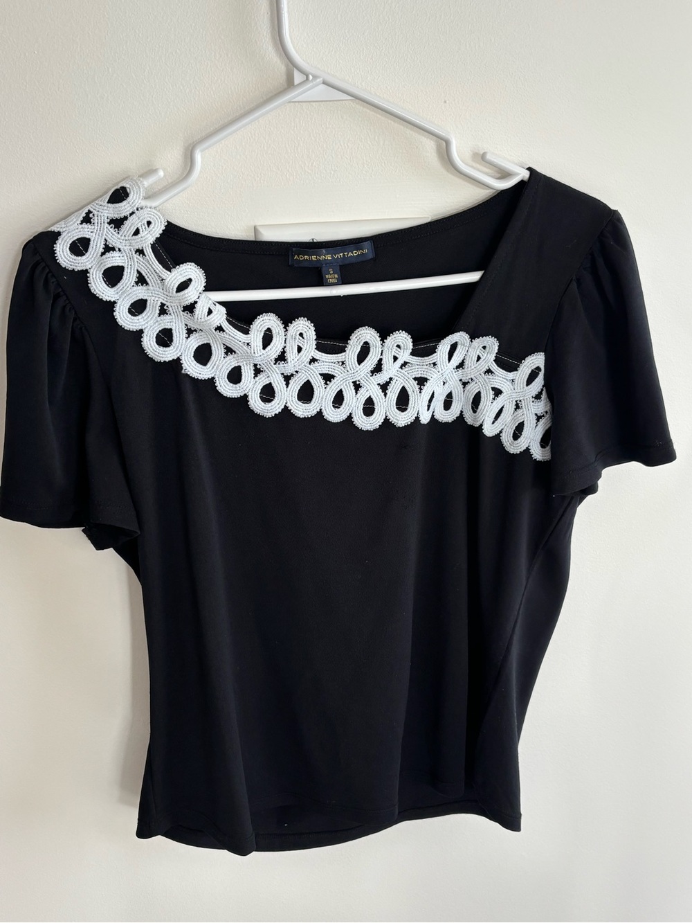 Adrienne Vittadini Black Top with White Loop Crochet Neckline